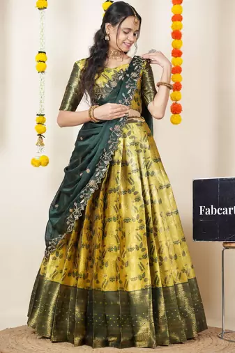 Beautiful South Indian Style Semi-Stitched Half Saree with Blouse and Dupatta for Women