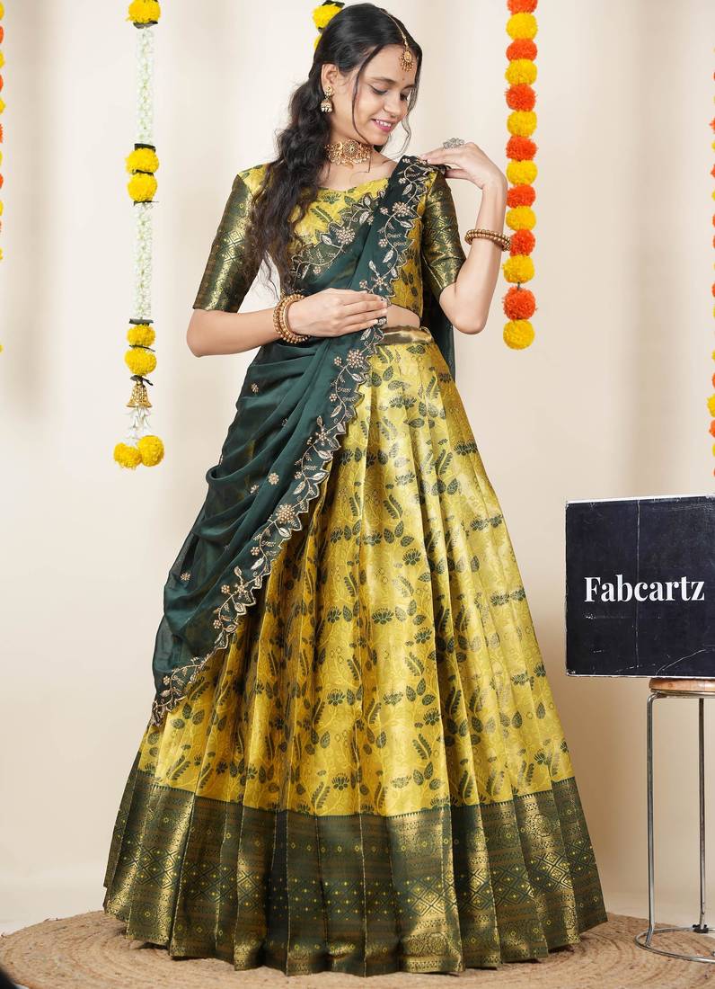 Beautiful South Indian Style Semi-Stitched Half Saree with Blouse and Dupatta for Women