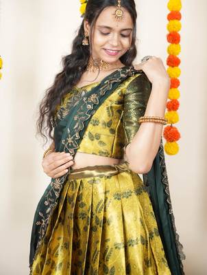Beautiful South Indian Style Semi-Stitched Half Saree with Blouse and Dupatta for Women 3