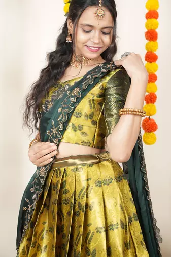 Beautiful South Indian Style Semi-Stitched Half Saree with Blouse and Dupatta for Women