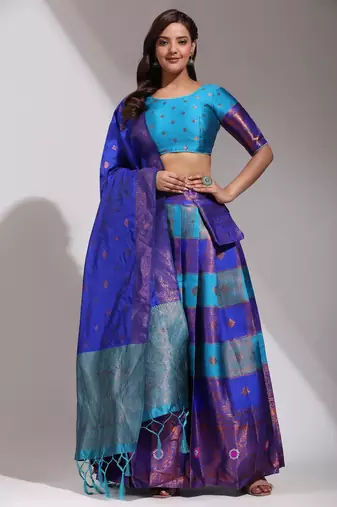 Beautiful South Indian Style Semi-Stitched Half Saree with Blouse and Dupatta for Women