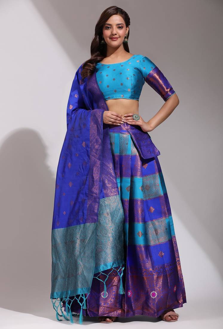Beautiful South Indian Style Semi-Stitched Half Saree with Blouse and Dupatta for Women