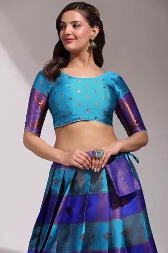 Beautiful South Indian Style Semi-Stitched Half Saree with Blouse and Dupatta for Women