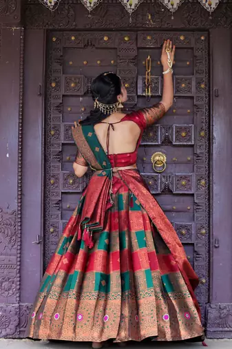 Beautiful South Indian Style Semi-Stitched Half Saree with Blouse and Dupatta for Women