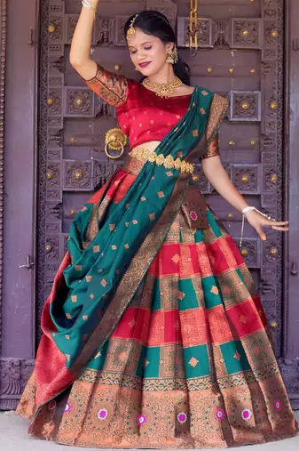 Beautiful South Indian Style Semi-Stitched Half Saree with Blouse and Dupatta for Women