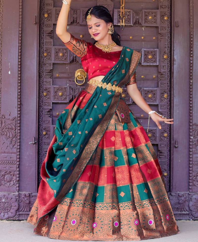 Beautiful South Indian Style Semi-Stitched Half Saree with Blouse and Dupatta for Women