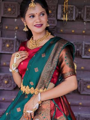 Beautiful South Indian Style Semi-Stitched Half Saree with Blouse and Dupatta for Women 3