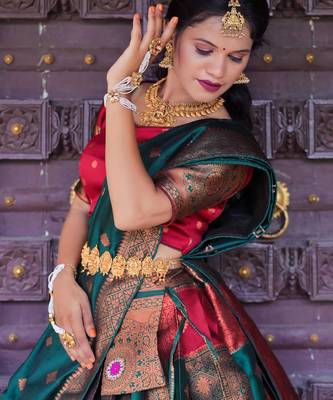 Beautiful South Indian Style Semi-Stitched Half Saree with Blouse and Dupatta for Women 4
