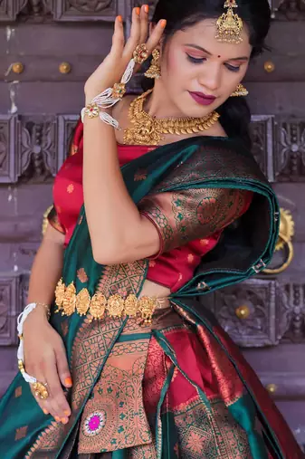 Beautiful South Indian Style Semi-Stitched Half Saree with Blouse and Dupatta for Women