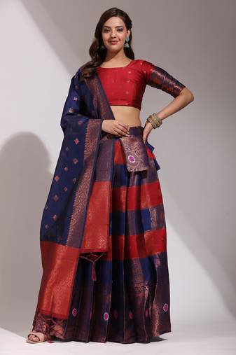 Beautiful South Indian Style Semi-Stitched Half Saree with Blouse and Dupatta for Women
