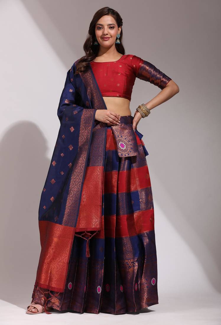 Beautiful South Indian Style Semi-Stitched Half Saree with Blouse and Dupatta for Women
