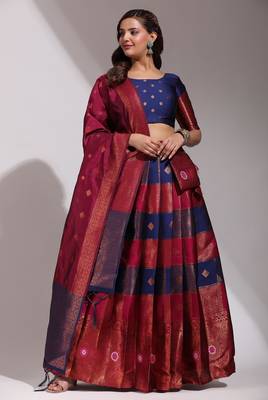 Beautiful South Indian Style Semi-Stitched Half Saree with Blouse and Dupatta for Women 1