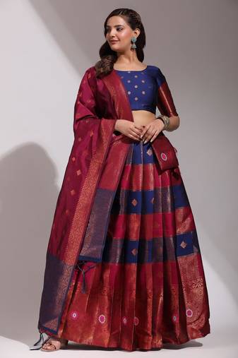 Beautiful South Indian Style Semi-Stitched Half Saree with Blouse and Dupatta for Women
