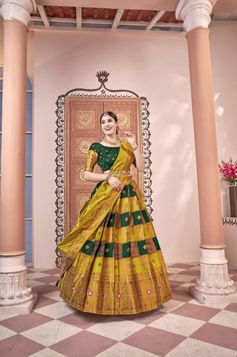Beautiful South Indian Style Semi-Stitched Half Saree with Blouse and Dupatta for Women