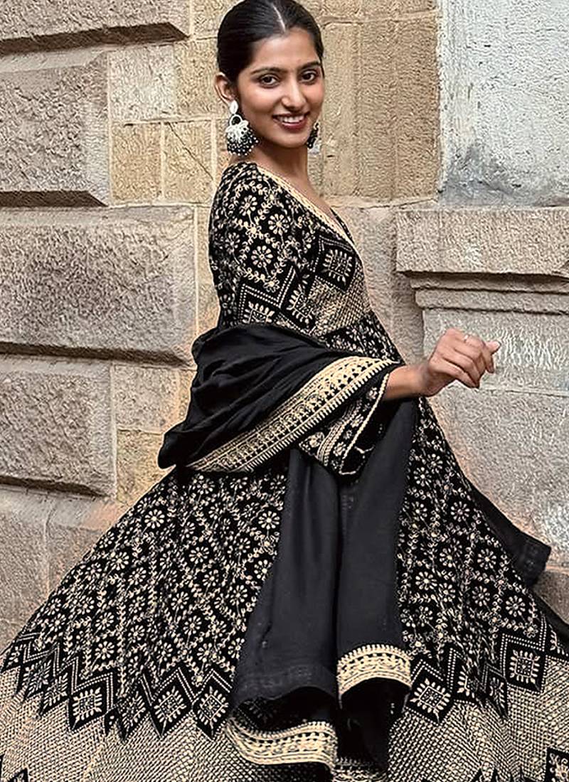 Black Georgette Embroidery sequence Work Anarkali Kurta Pant With Dupatta