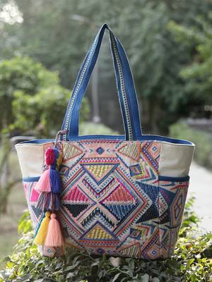 Anekaant kooky off white geometric jacquard embellished tote bag 1