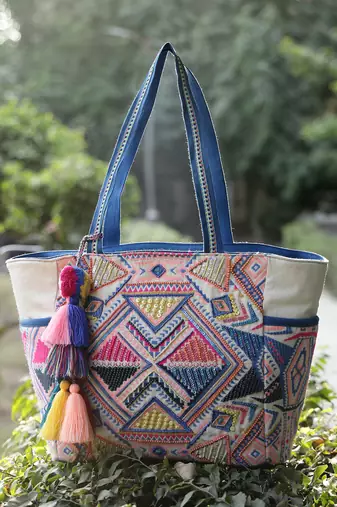 Anekaant kooky off white geometric jacquard embellished tote bag