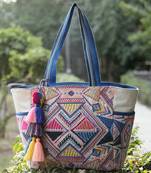 Anekaant kooky off white geometric jacquard embellished tote bag