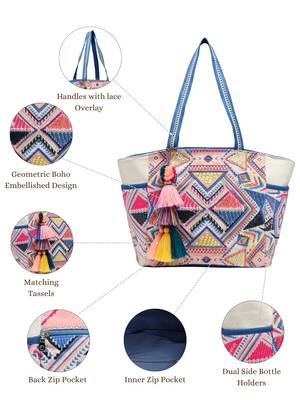 Anekaant kooky off white geometric jacquard embellished tote bag 4