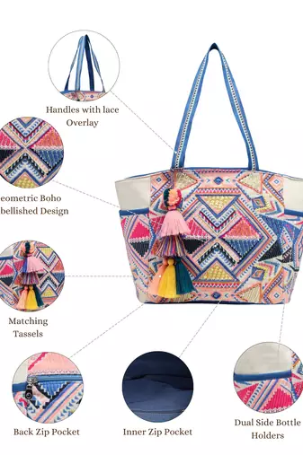 Anekaant kooky off white geometric jacquard embellished tote bag