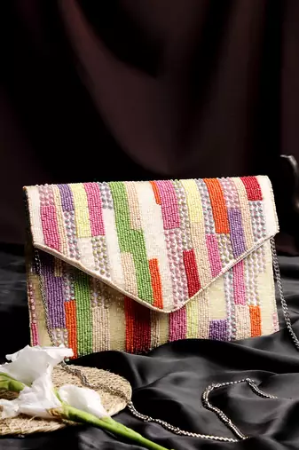 Anekaant mod stitch off white embellished satin sling bag