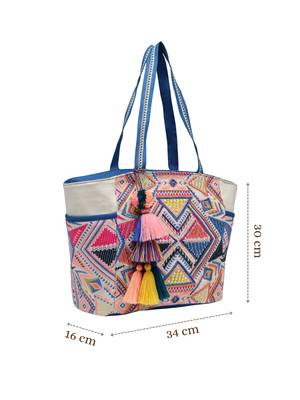 Anekaant kooky off white geometric jacquard embellished tote bag 5