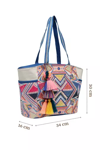 Anekaant kooky off white geometric jacquard embellished tote bag