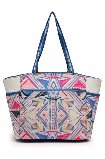 Anekaant kooky off white geometric jacquard embellished tote bag