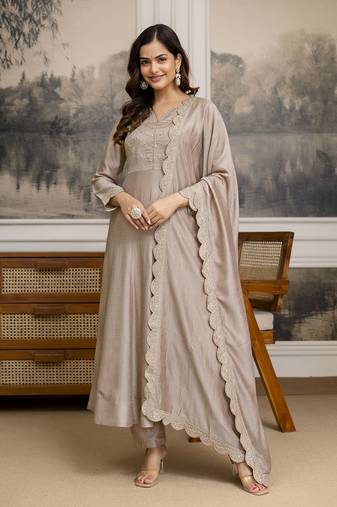 Beige Art Silk Embroidery sequence Work Anarkali Kurta Pant With Dupatta