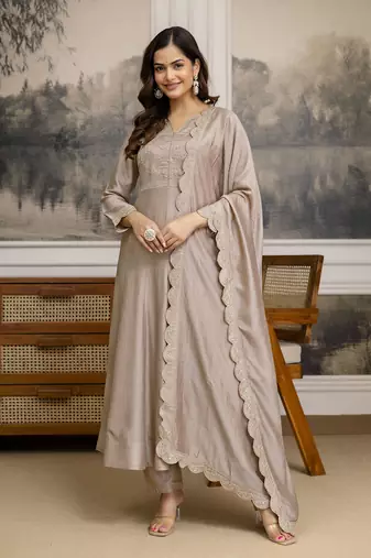 Beige Art Silk Embroidery sequence Work Anarkali Kurta Pant With Dupatta