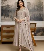 Beige Art Silk Embroidery sequence Work Anarkali Kurta Pant With Dupatta