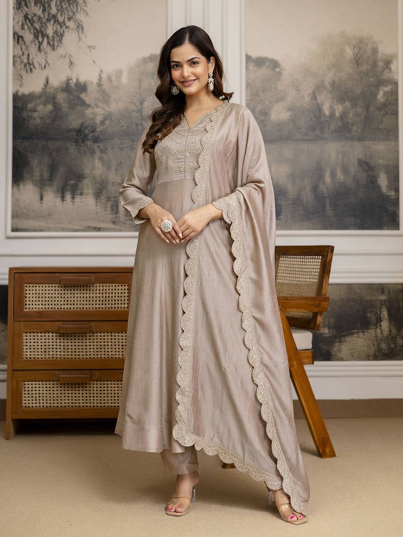 Beige Art Silk Embroidery sequence Work Anarkali Kurta Pant With Dupatta
