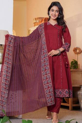 Cotton cambric printed anarkali kurti-pant-dupatta  set