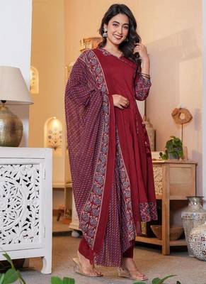 Cotton cambric printed anarkali kurti-pant-dupatta  set 2