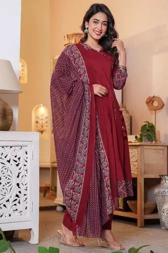 Cotton cambric printed anarkali kurti-pant-dupatta  set