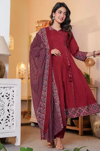 Cotton cambric printed anarkali kurti-pant-dupatta  set
