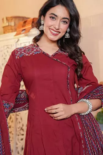 Cotton cambric printed anarkali kurti-pant-dupatta  set