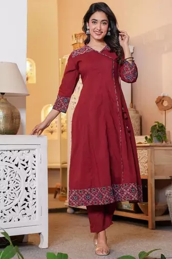 Cotton cambric printed anarkali kurti-pant-dupatta  set