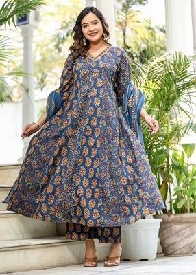 Cotton cambric printed full flared anarkali kurti-pant-dupatta  set 1