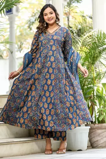 Cotton cambric printed full flared anarkali kurti-pant-dupatta  set
