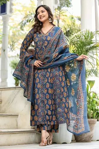 Cotton cambric printed full flared anarkali kurti-pant-dupatta  set