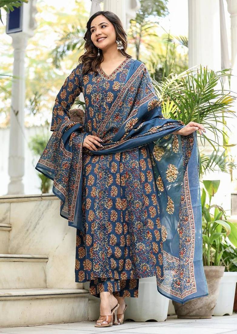 Cotton cambric printed full flared anarkali kurti-pant-dupatta  set