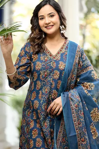 Cotton cambric printed full flared anarkali kurti-pant-dupatta  set