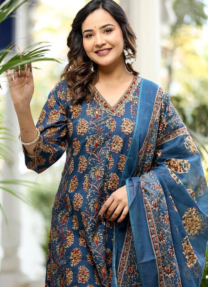 Cotton cambric printed full flared anarkali kurti-pant-dupatta  set