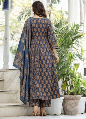 Cotton cambric printed full flared anarkali kurti-pant-dupatta  set 4