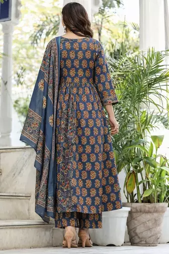 Cotton cambric printed full flared anarkali kurti-pant-dupatta  set