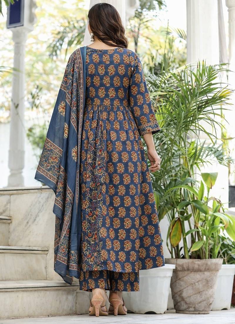 Cotton cambric printed full flared anarkali kurti-pant-dupatta  set