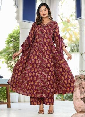 Cotton cambric printed full flared anarkali kurti-pant-dupatta  set 1