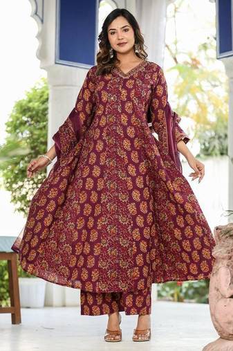Cotton cambric printed full flared anarkali kurti-pant-dupatta  set