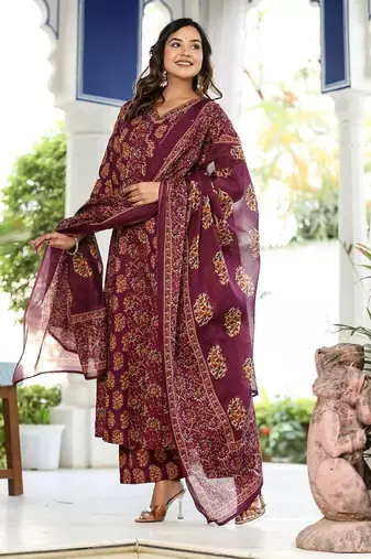 Cotton cambric printed full flared anarkali kurti-pant-dupatta  set
